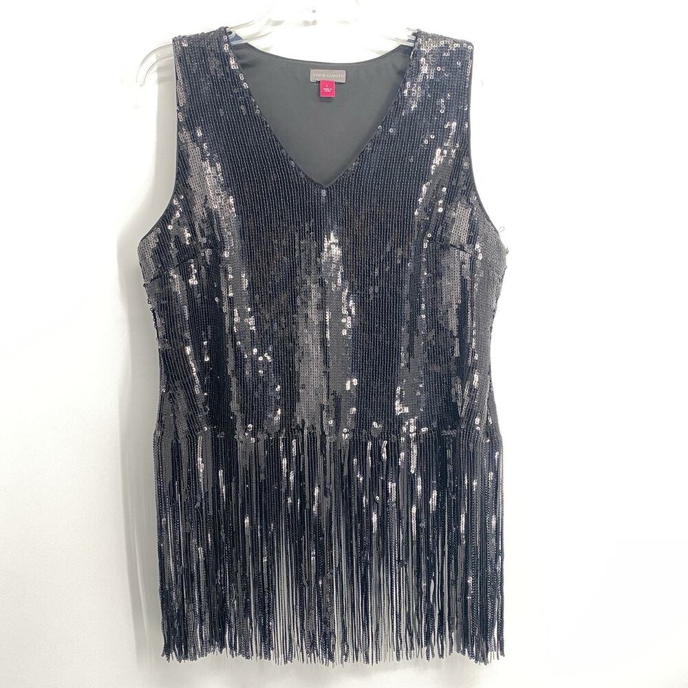 Womens Vince Camuto Sequin Fringe Sleeveless Top Black Large NWT